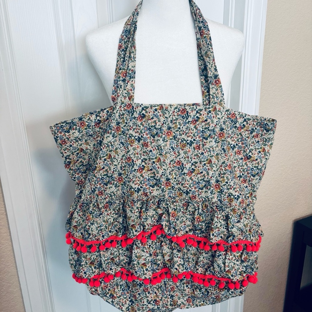 Floral Tote Bag with Red Accents